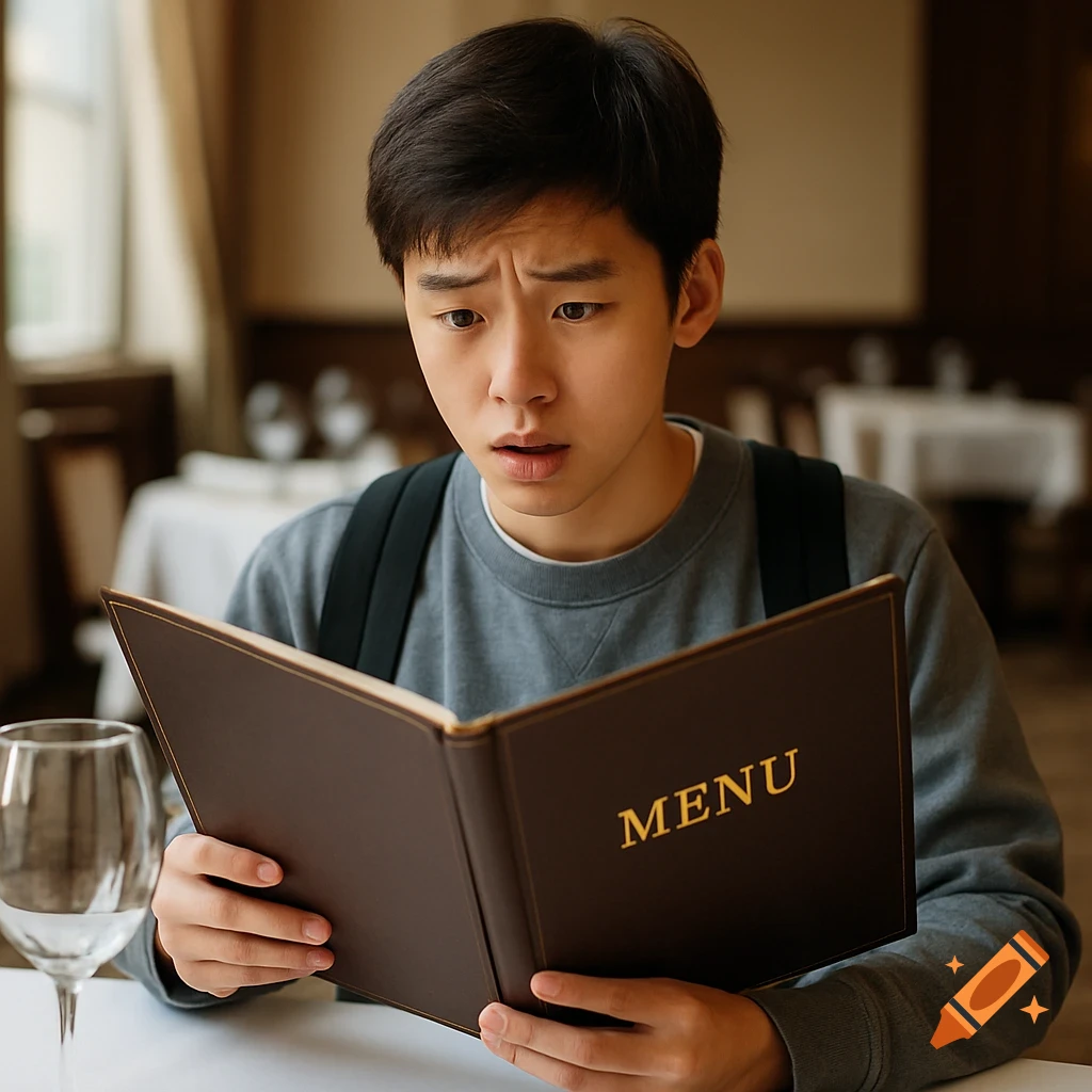 Young person looks shocked reading a menu in a restaurant.
