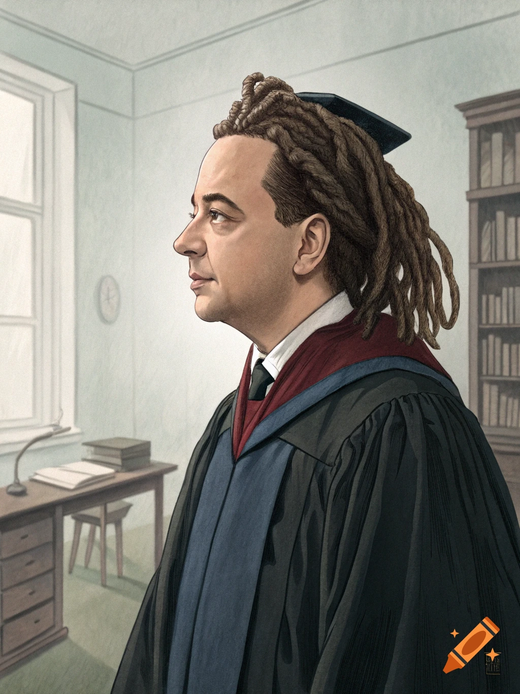 An illustration of a man with dreadlocks wearing academic robes in an office.