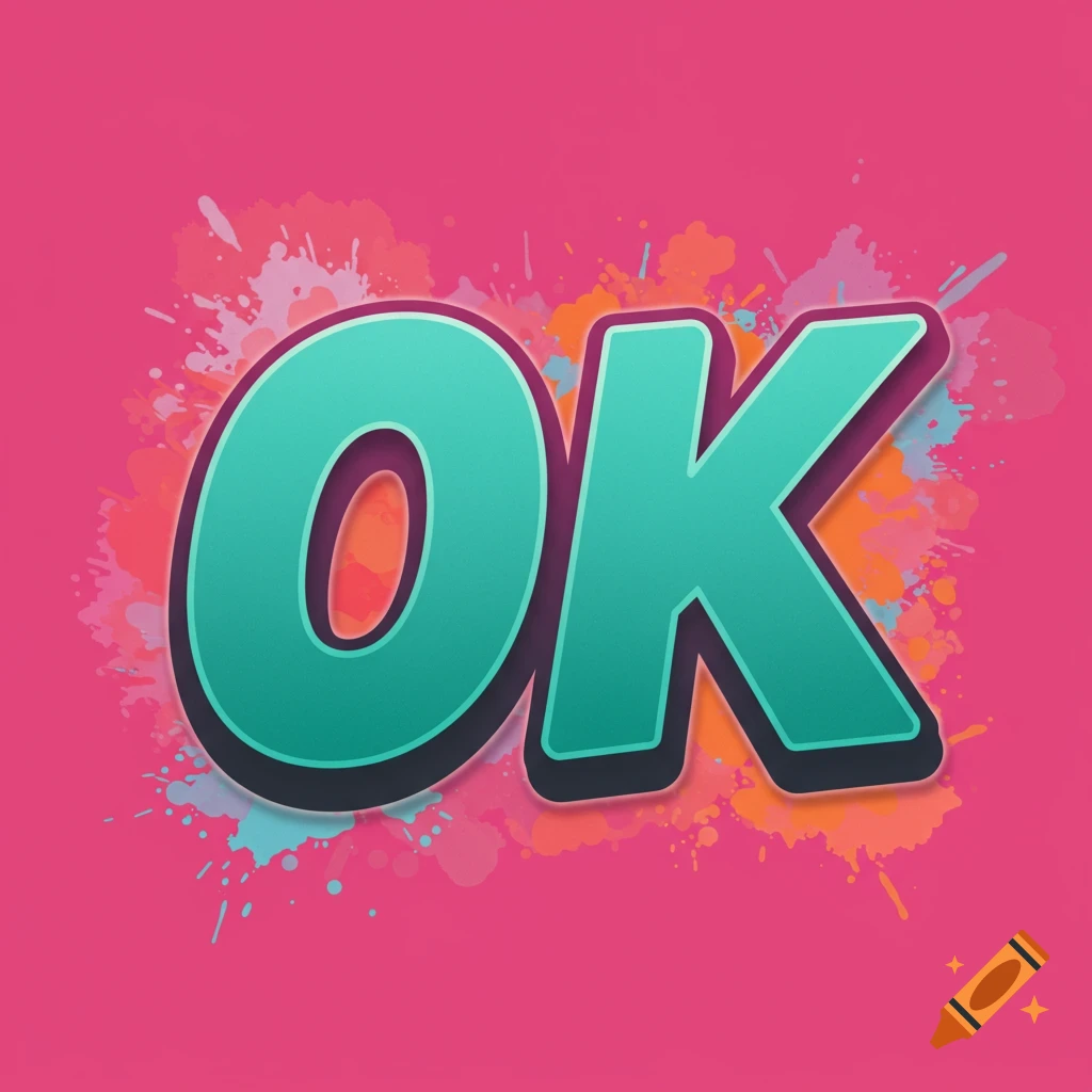 Stylized teal OK text with shadow and paint splatters on a pink background.