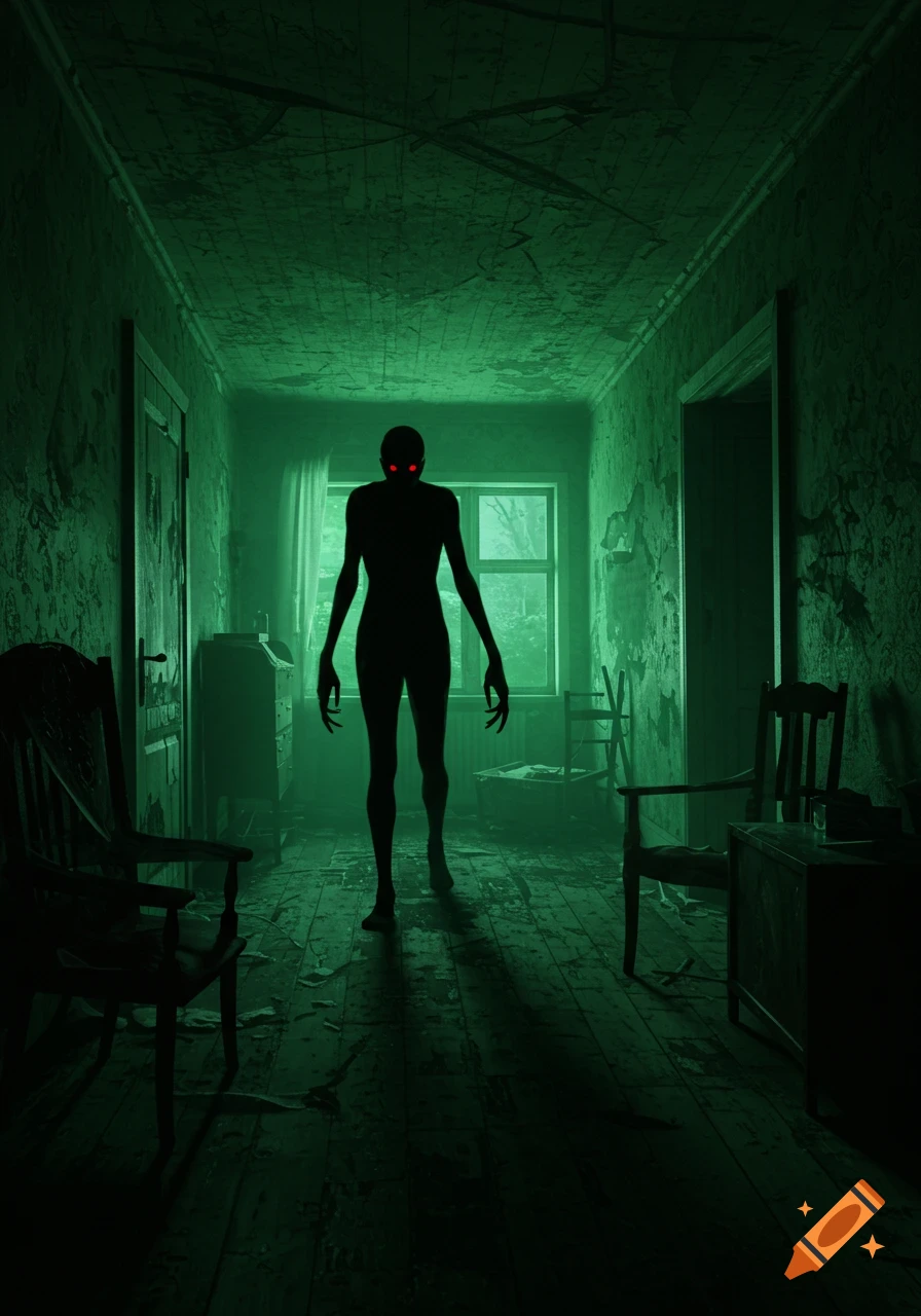 Shadowy figure with red eyes in a dark, creepy hallway.