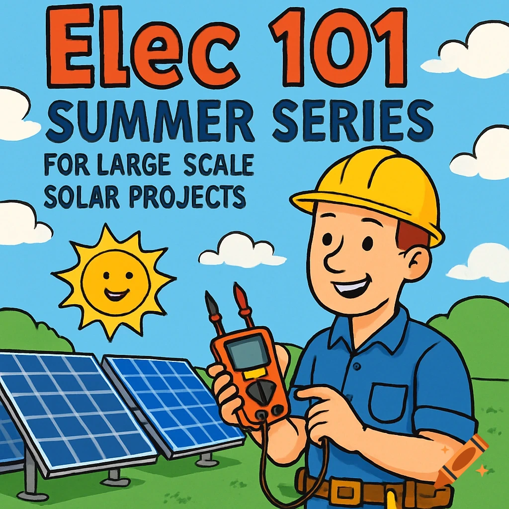 Cartoon person with multimeter by solar panels, text 'Elec 101 Summer Series for Large Scale Solar Projects'.
