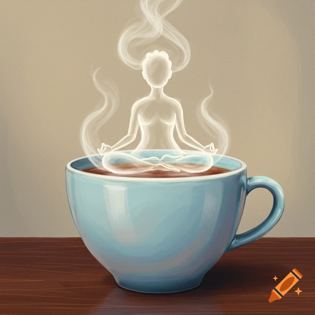 A meditating figure rises as steam from a blue teacup.