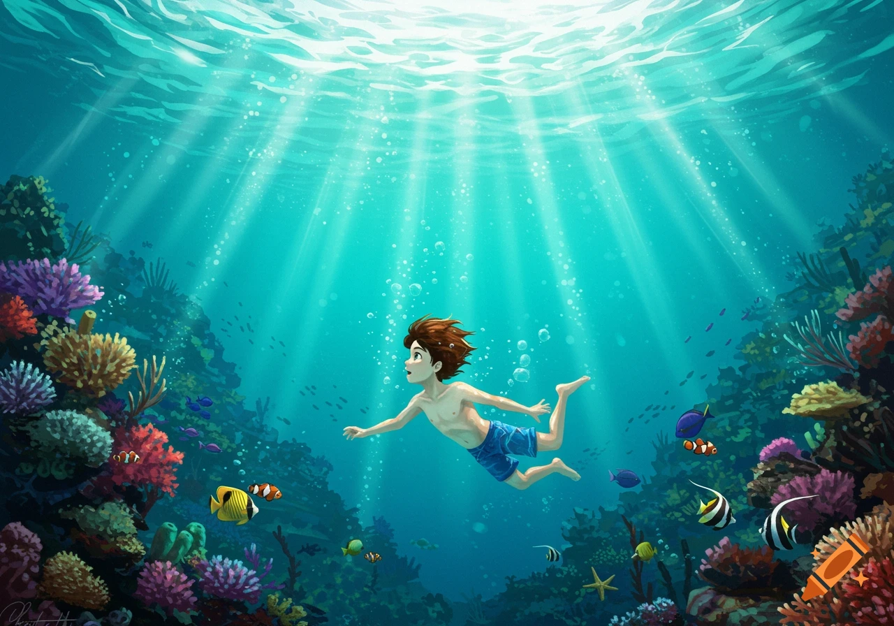 Stylized illustration of a boy swimming underwater above a vibrant coral reef with fish and sunlight filtering through the surface.