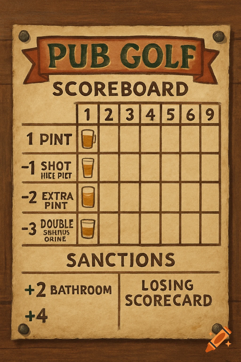 Hand-drawn pub golf scoreboard with rules for scoring and sanctions listed, showing columns for 9 holes.