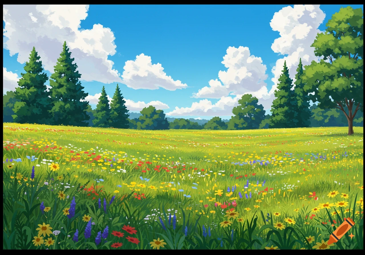 A lush green field filled with colorful wildflowers under a blue sky with white clouds. Trees line the horizon in an anime style.