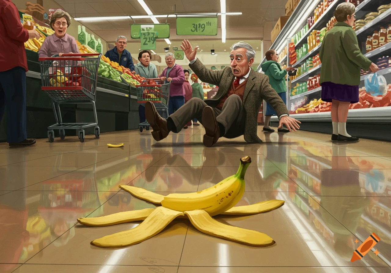 An illustration of a man slipping on a banana peel in a grocery store aisle as shoppers look on.
