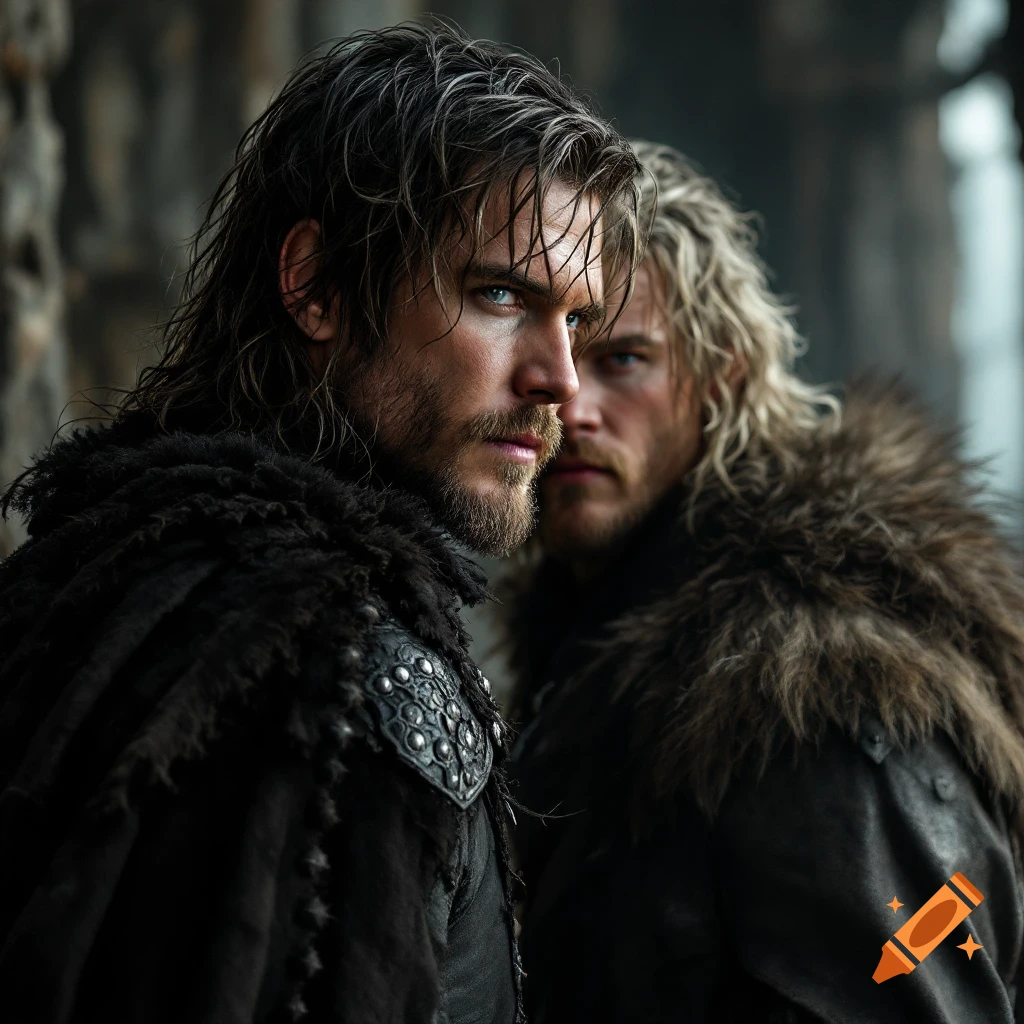 Two men in fantasy costumes, one in foreground with long dark hair looking sideways.