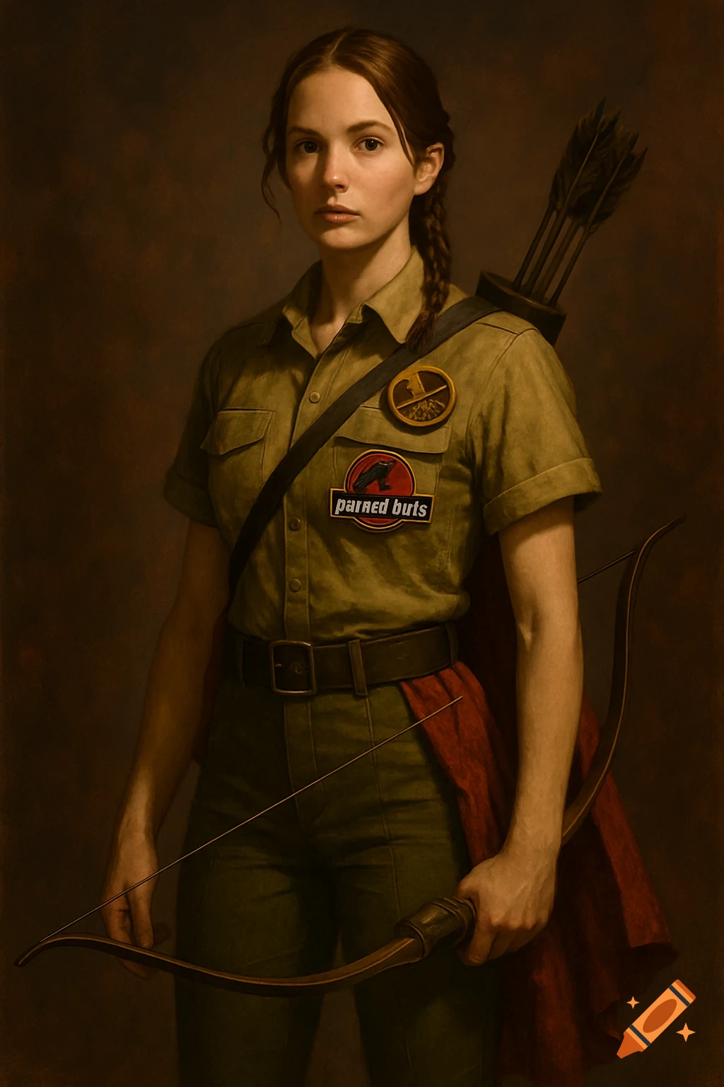 A woman in a khaki uniform holds a bow and arrows in a portrait style.