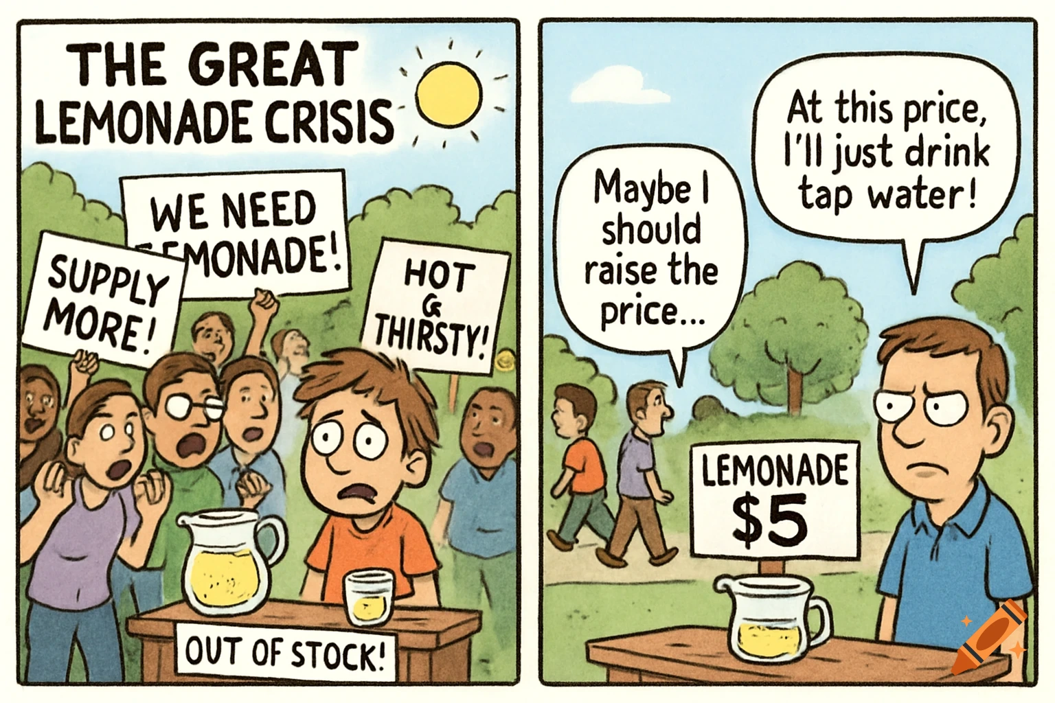Comic strip about a lemonade stand. Left panel: Kid is overwhelmed by a crowd with 'We Need Lemonade!' signs. Right panel: Kid raises price to $5, customer complains he'll drink tap water.