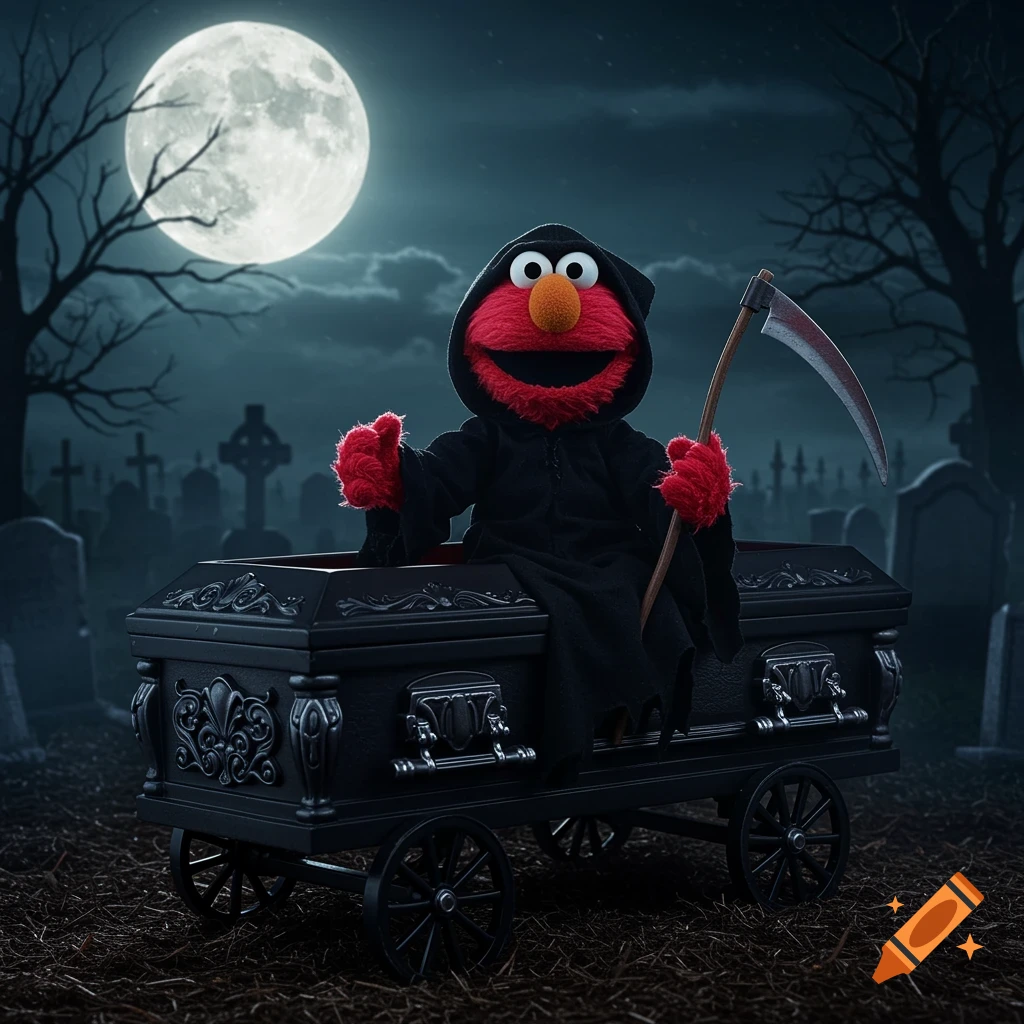 Elmo dressed as the Grim Reaper sits in a casket on a wagon in a graveyard under a full moon.