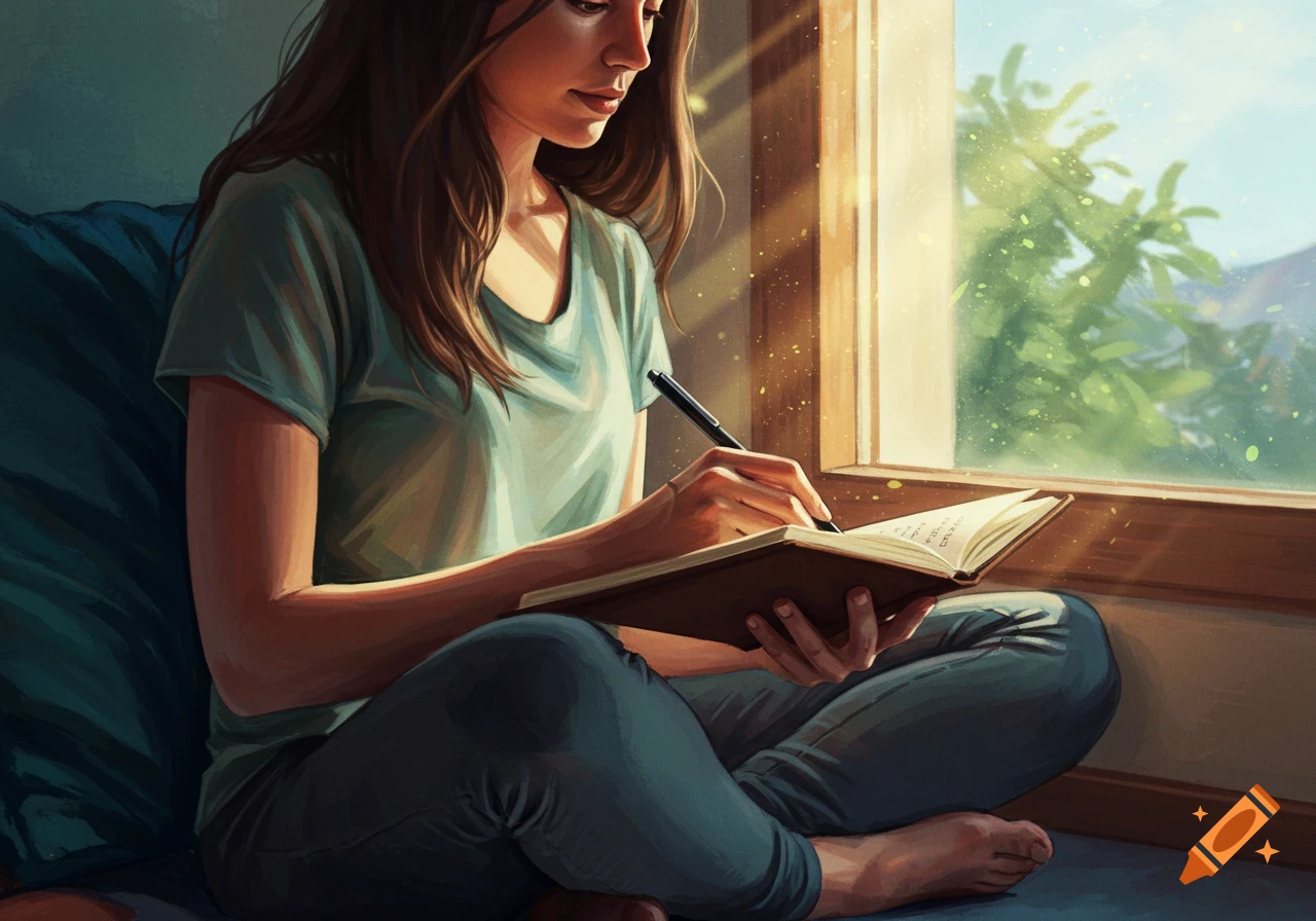 Woman writing in a journal by a sunny window, digital painting.