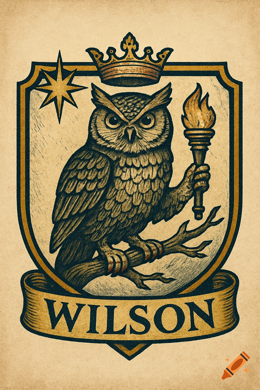 Crest with an owl wearing a crown and holding a torch, on a banner that reads WILSON, vintage style.