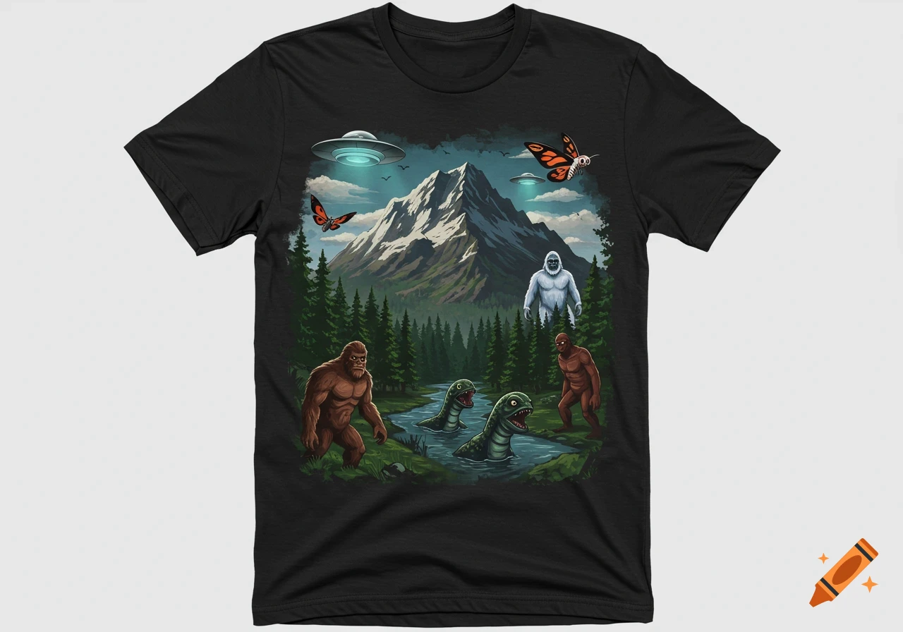 Illustration of cryptids like Bigfoot, Yeti, lake monsters, and Windigo in a forest and mountain scene with UFOs.