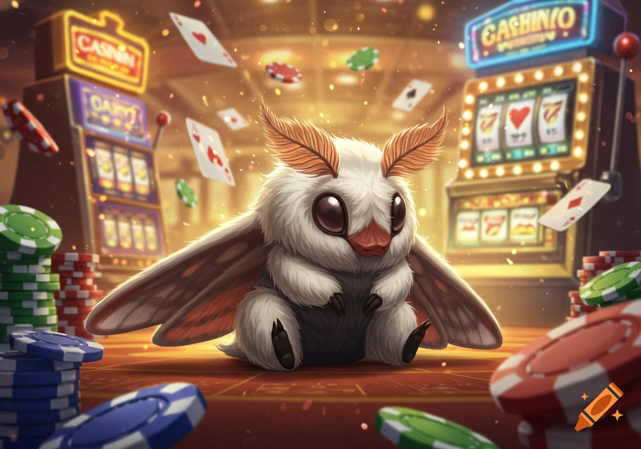 A cute fluffy moth sits on a casino floor surrounded by poker chips and cards with slot machines in the background.