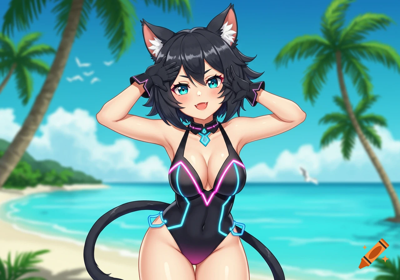Anime catgirl in a swimsuit on a beach