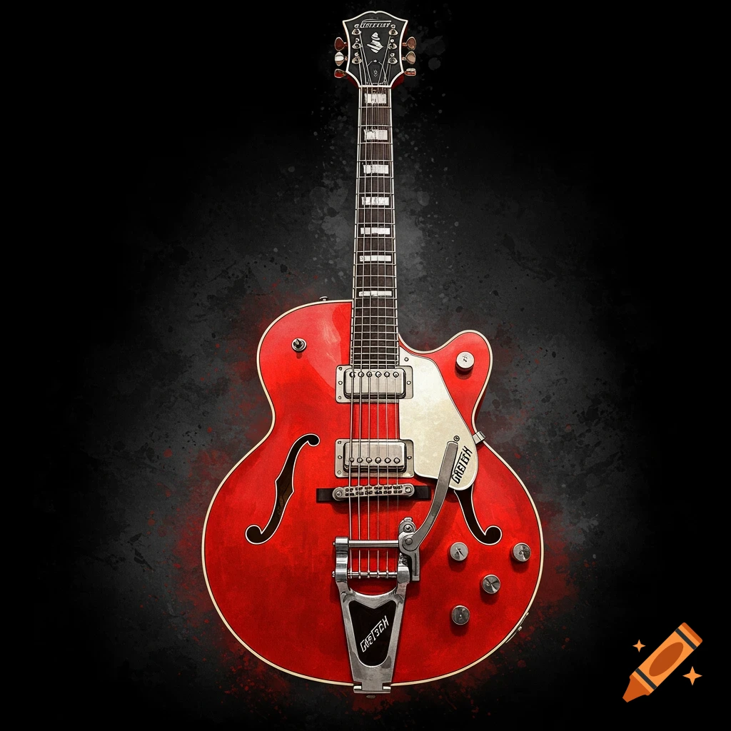 A red Gretsch electric guitar against a dark background.