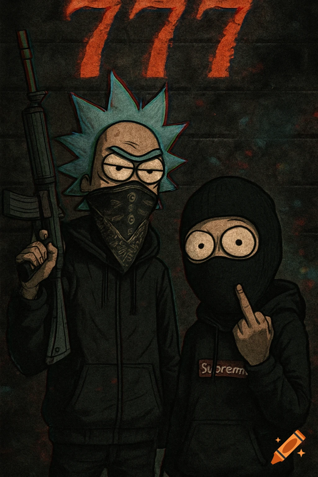 Rick and Morty in streetwear, Rick with rifle, Morty with middle finger. '777' in background, gritty style.