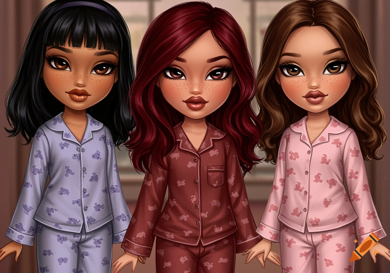 Three cartoon girls resembling Bratz dolls wearing patterned pajamas.