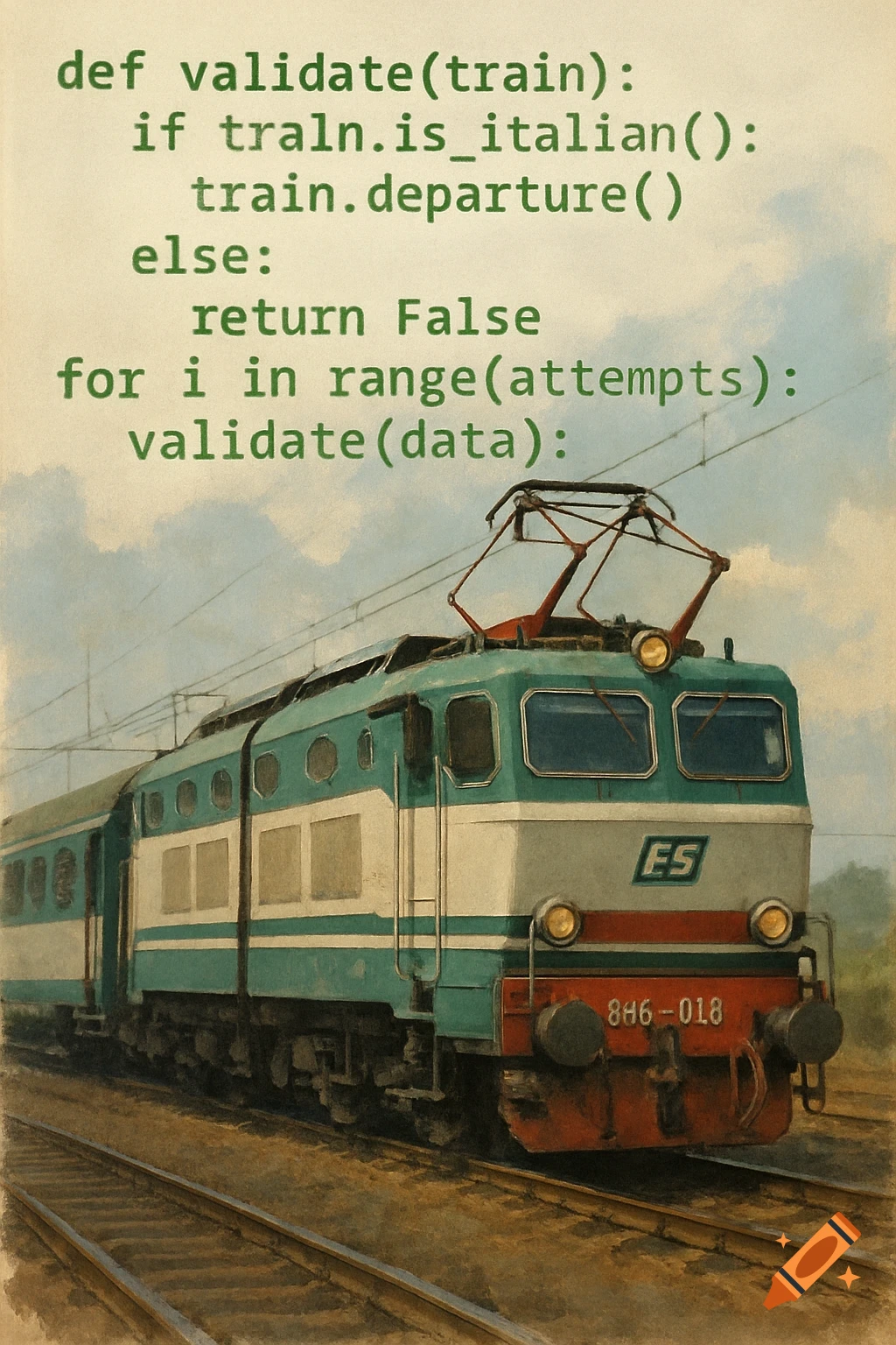Painting of an Italian train with green programming code overlaid.