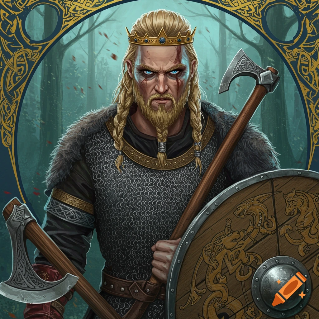 Portrait of a Viking warrior with braided hair, crown, scars, chainmail, and axes, holding a shield in a forest.