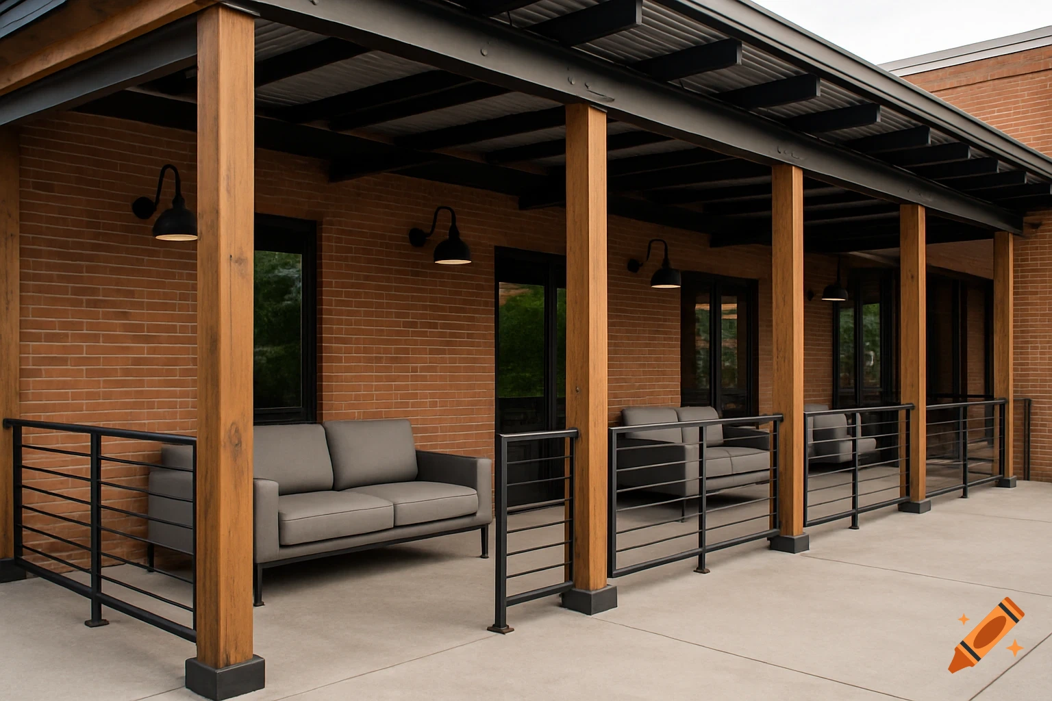 Outdoor patio with wooden pillars, metal roof, grey couches, and black metal railings.