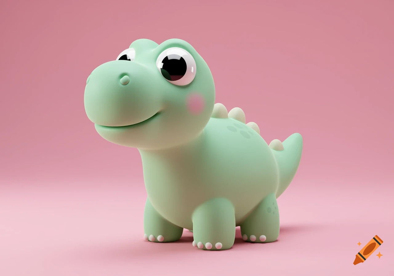 A cute, stylized light green dinosaur with big eyes and pink cheeks stands on a pink background.