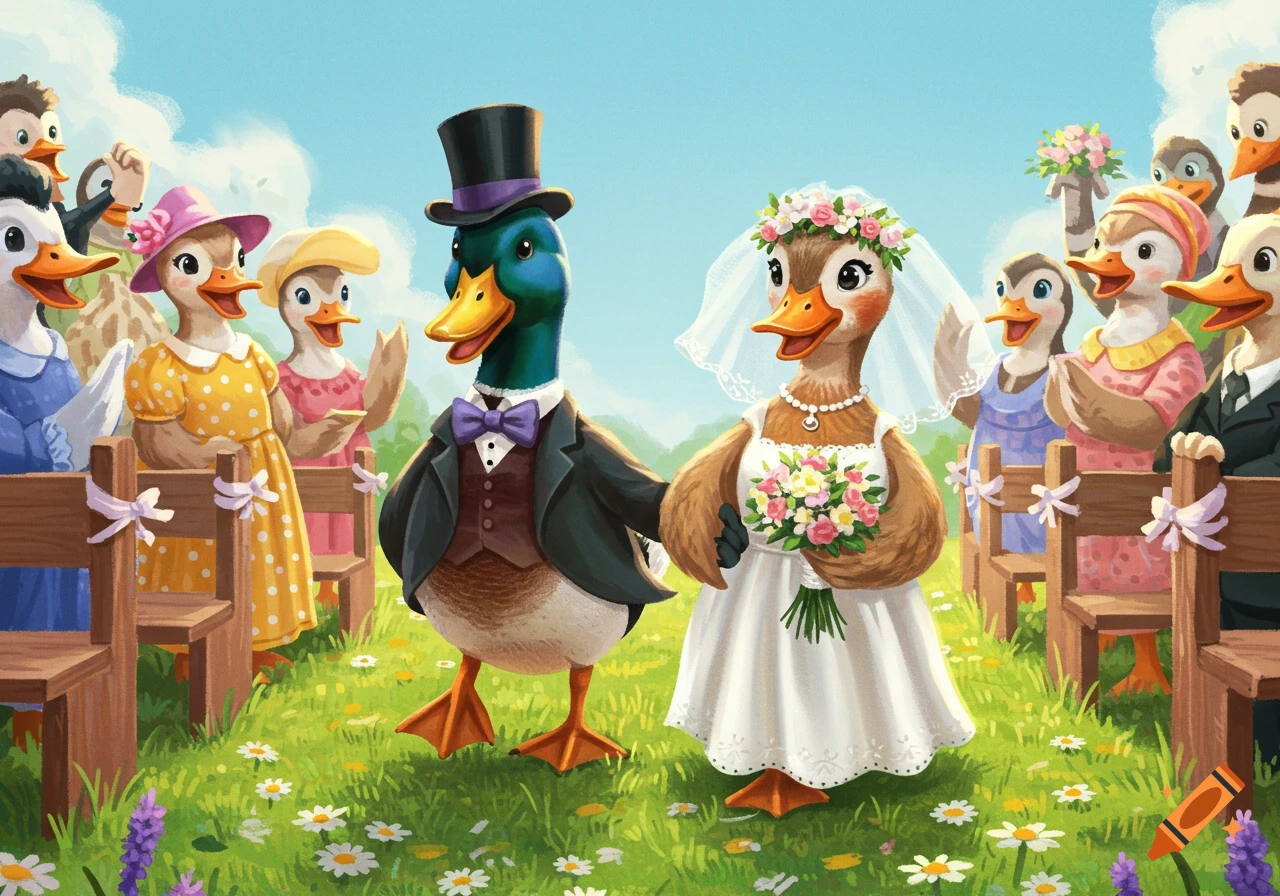 Cartoon illustration of two ducks getting married in a field with seated duck guests.