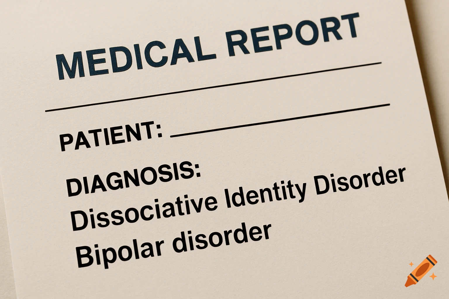 A close-up of a medical report showing diagnoses of Dissociative Identity Disorder and Bipolar Disorder.