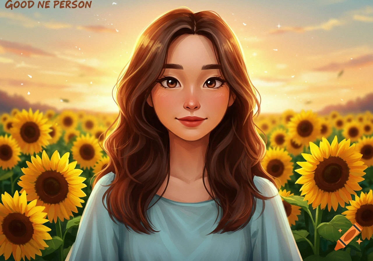 Anime style portrait of a smiling woman standing in a field of sunflowers at sunset.