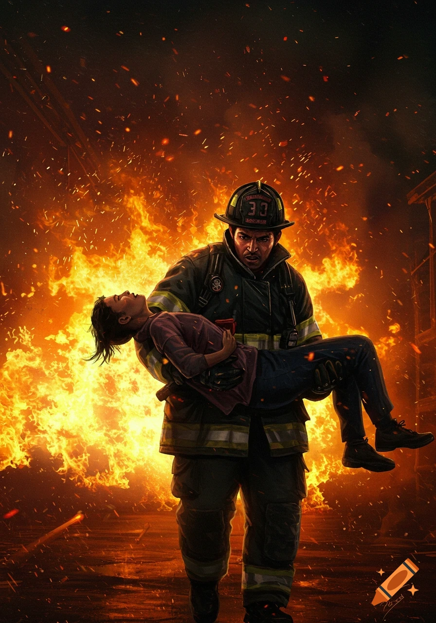 Digital painting of a firefighter carrying an unconscious person through flames and smoke.