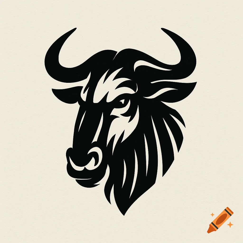 Black and white stylized graphic logo of a wildebeest head