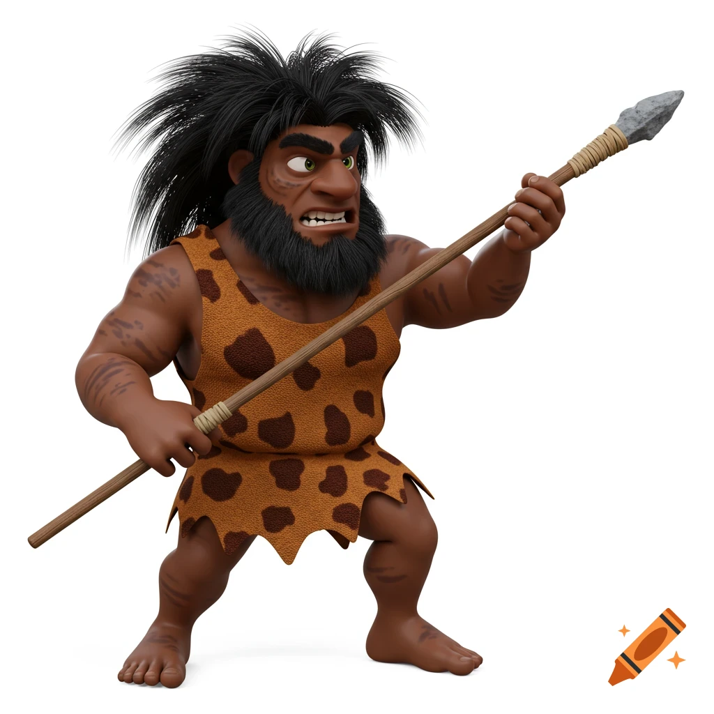 A 3D cartoon caveman in a spotted outfit holds a spear against a white background.