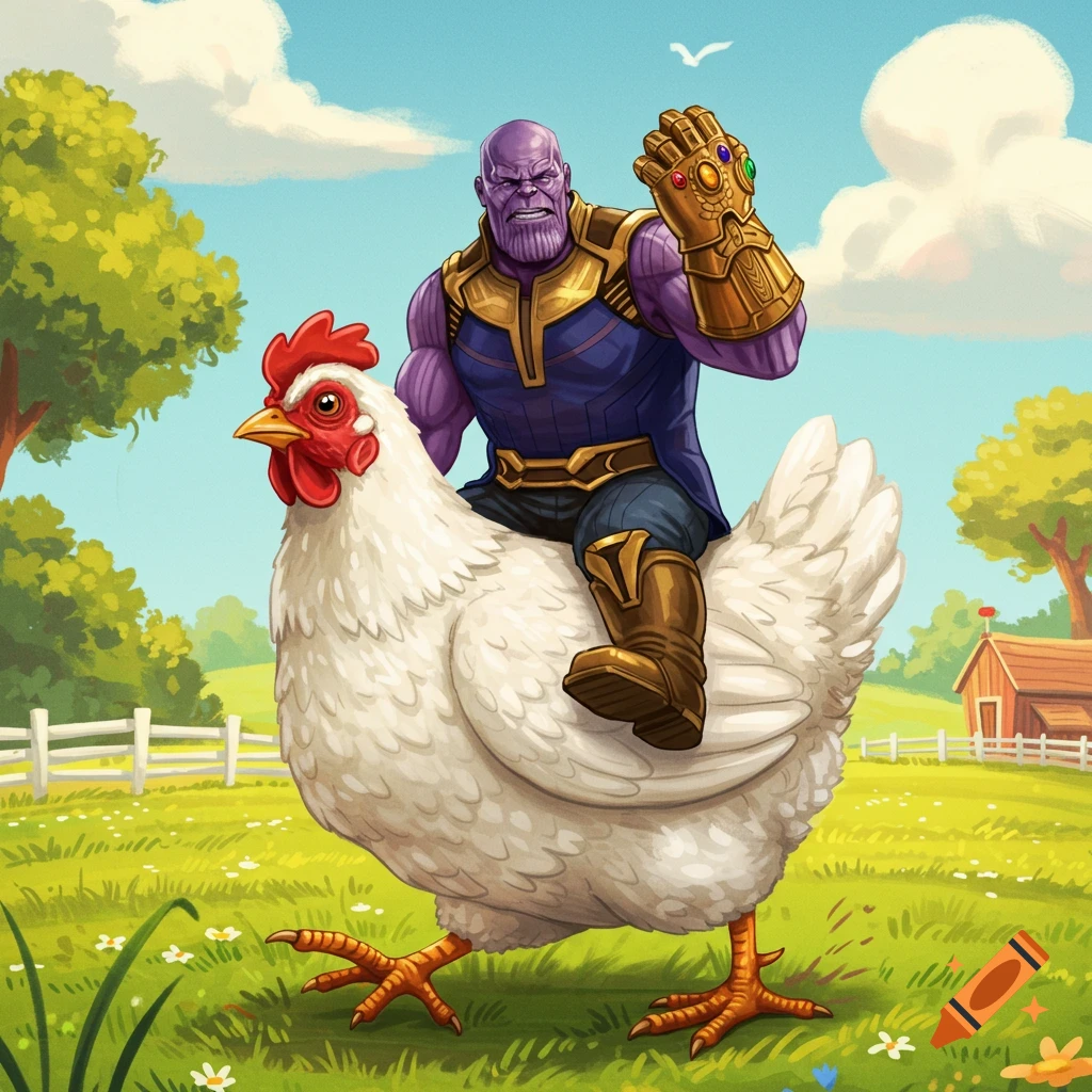Thanos riding a giant white chicken through a grassy field with a fence and barn in the background. Illustration style.
