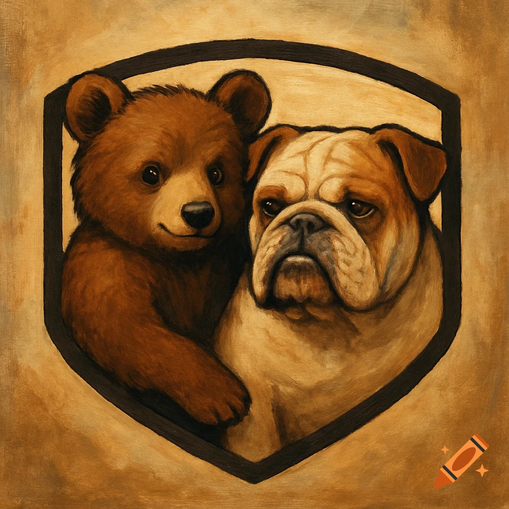 A painterly logo features a bear cub and a bulldog standing together inside a shield shape.