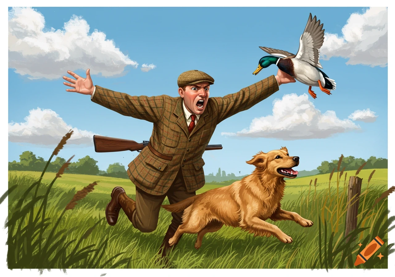 An excited hunter and his dog chase a duck through a grassy field in an illustration.