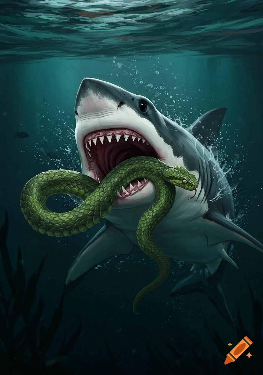 Illustration of a shark biting a green snake underwater.