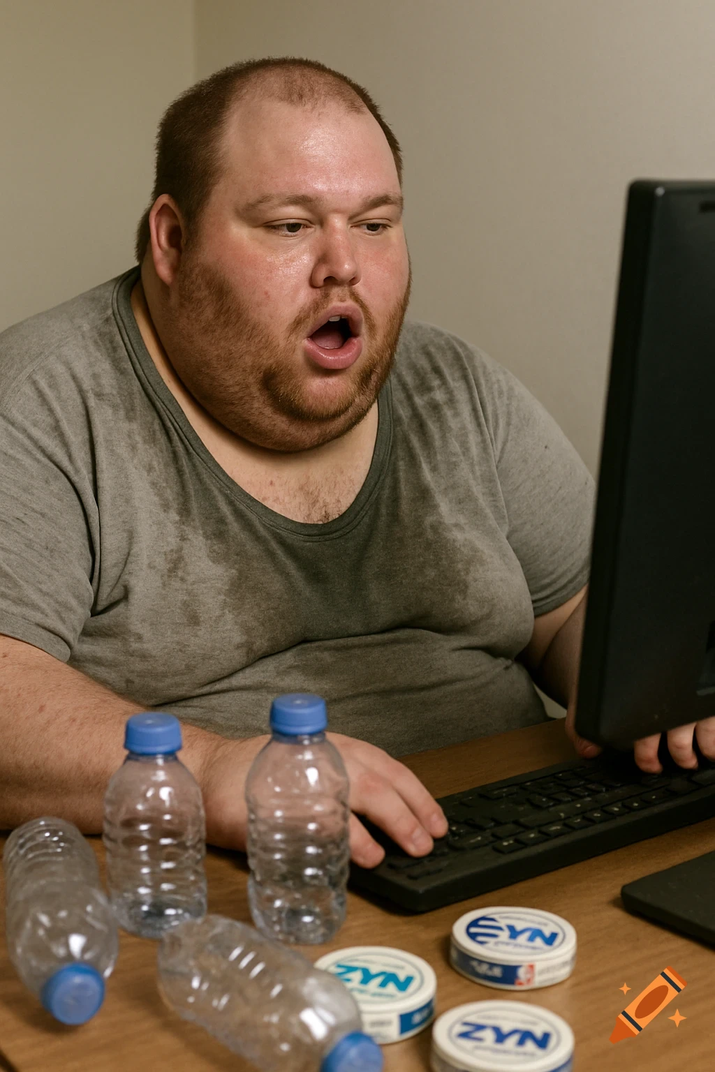 Sweaty overweight man at computer desk with water bottles and Zyn containers