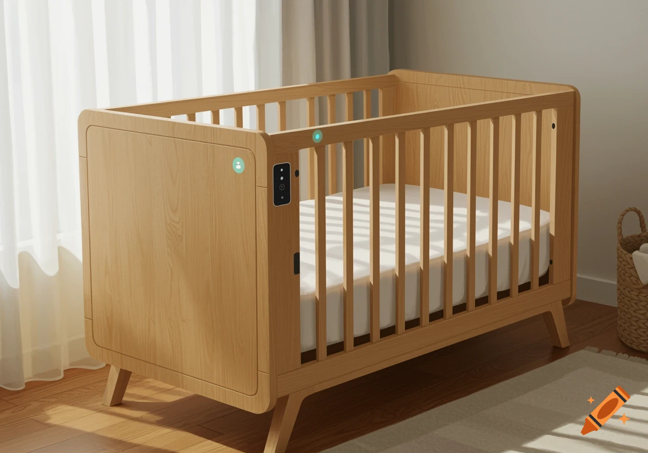 Photorealistic image of a modern light wood crib with smart features next to a window.
