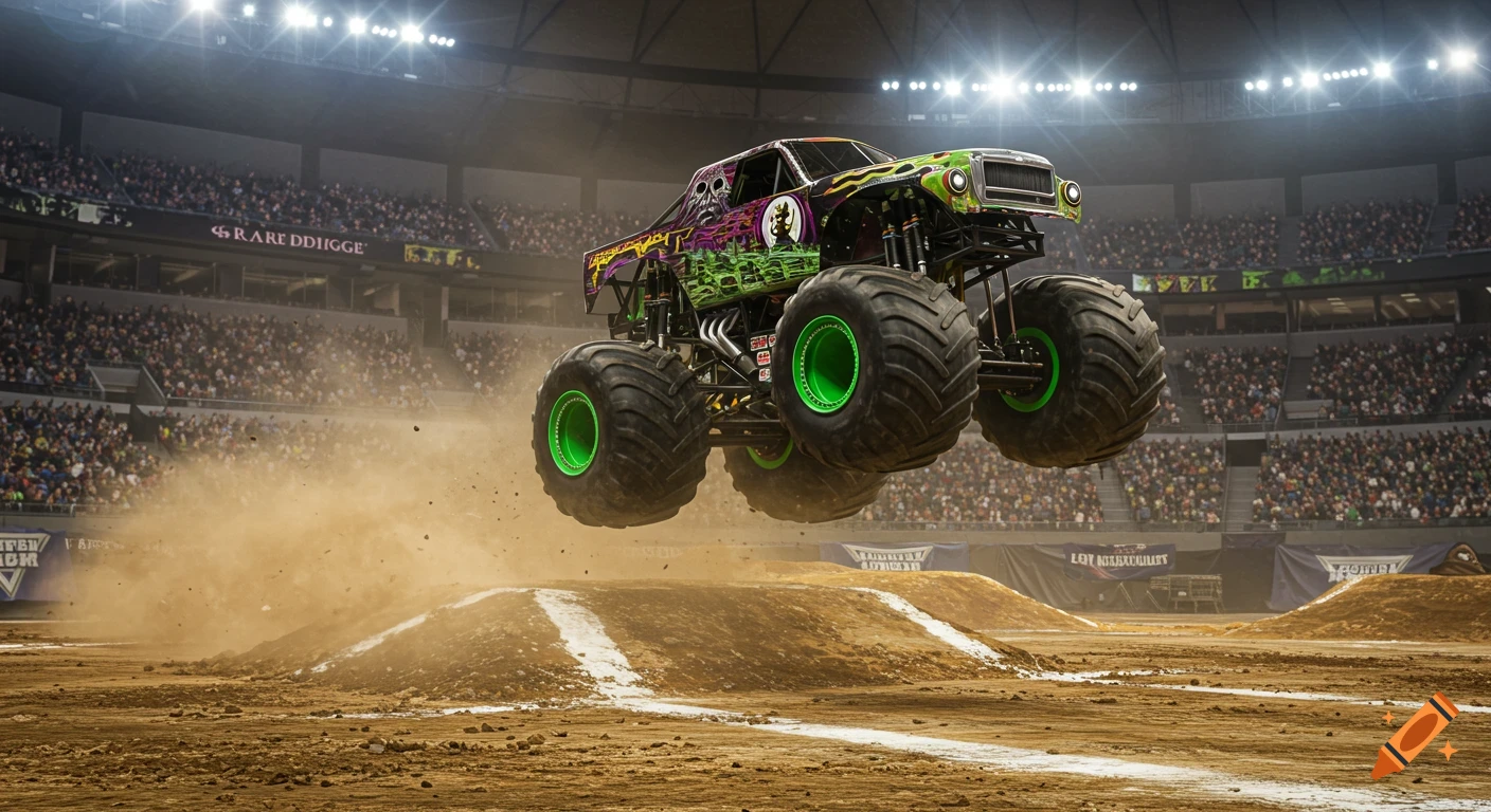 Monster truck jumping over a dirt ramp in a stadium filled with spectators, kicking up dust.