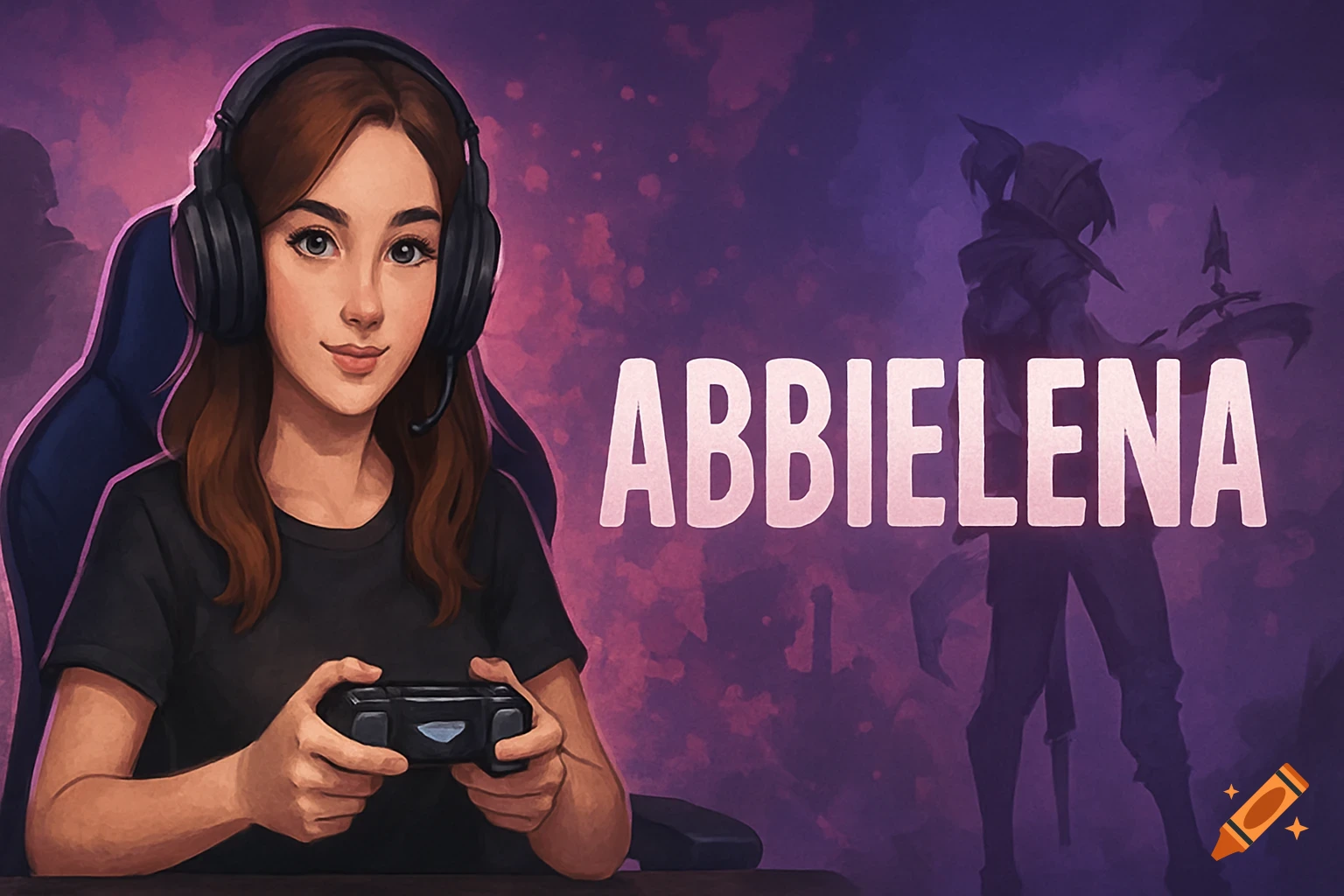 Digital art of a female gamer with headphones and controller, seated in a chair, with 'ABBIELENA' text and a shadowy figure in the background.