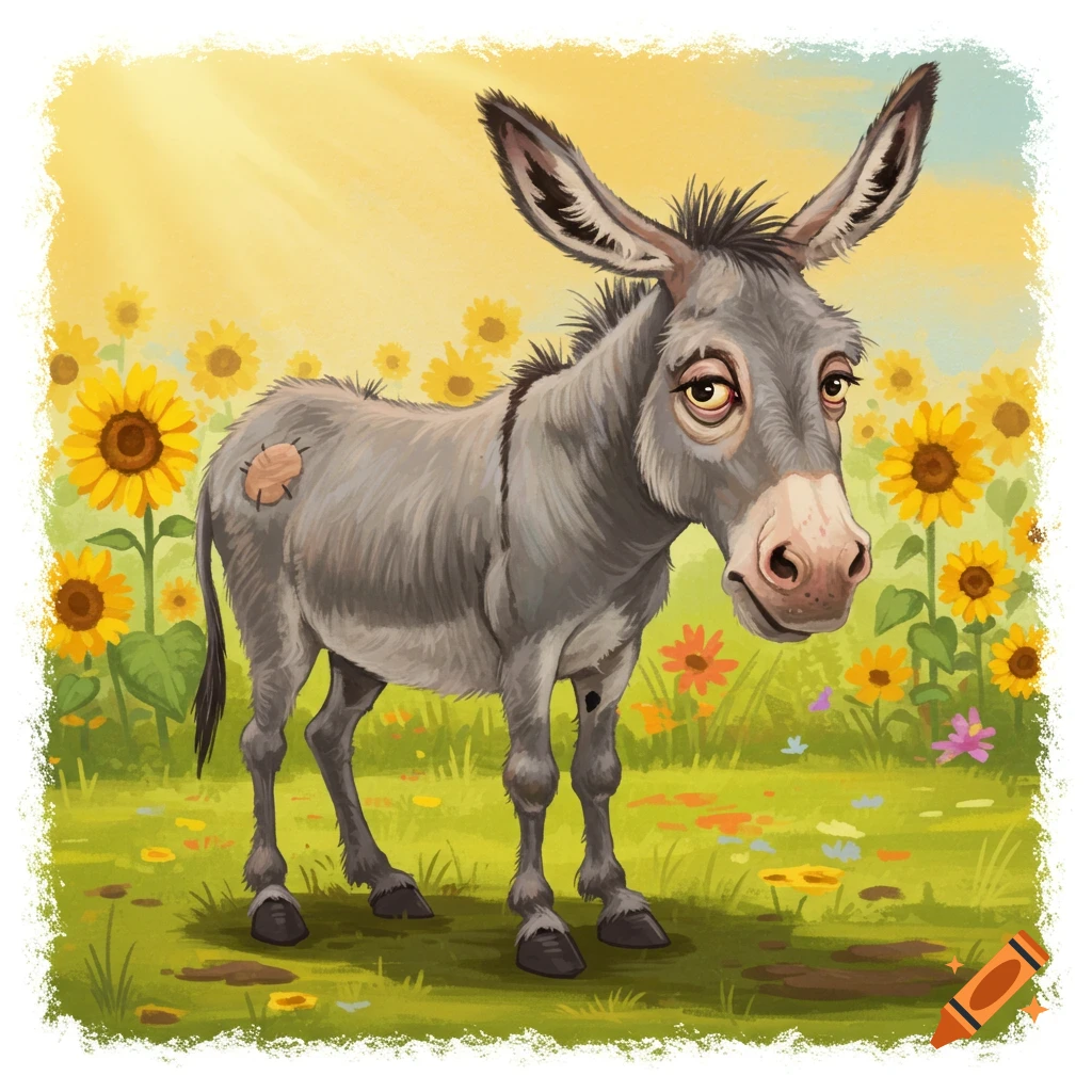 An illustrated grey donkey stands in a field of sunflowers and flowers.