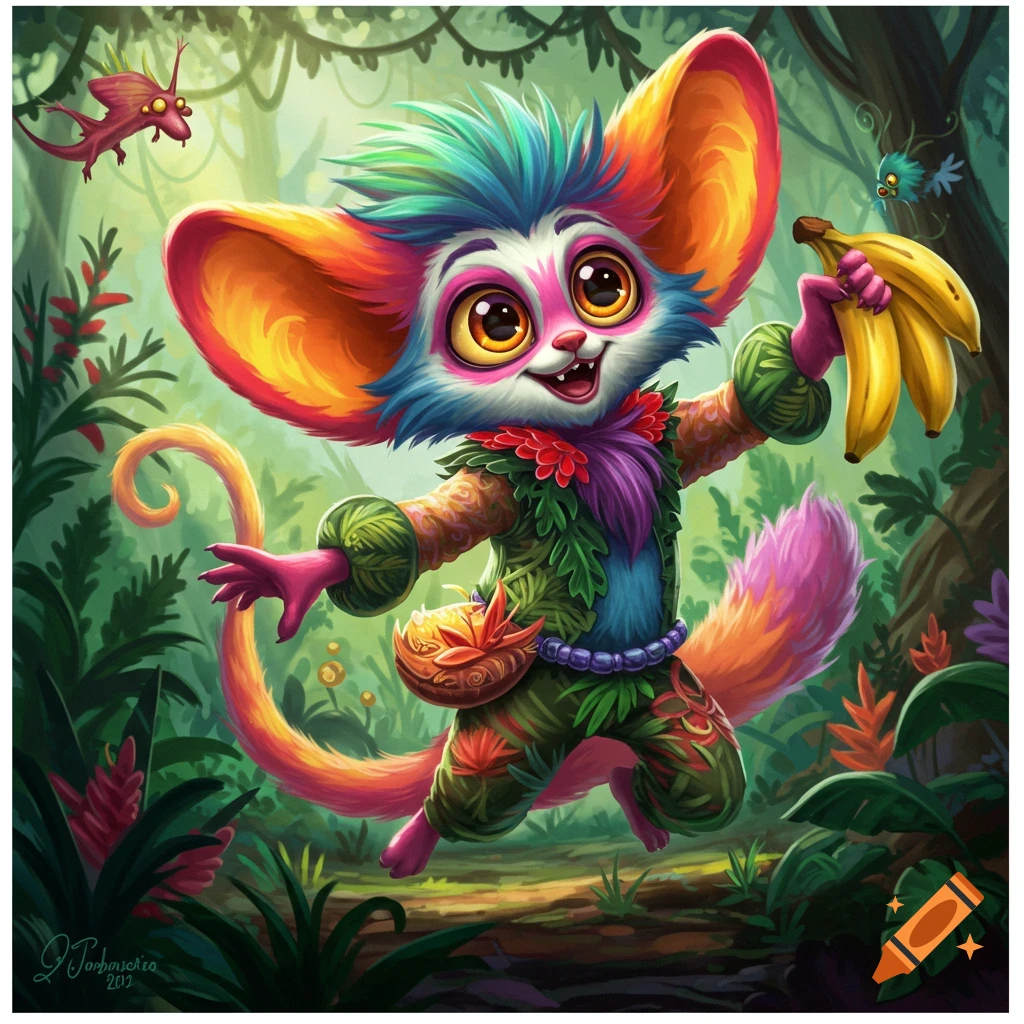 Colorful cartoon big-eared creature runs through a jungle holding bananas
