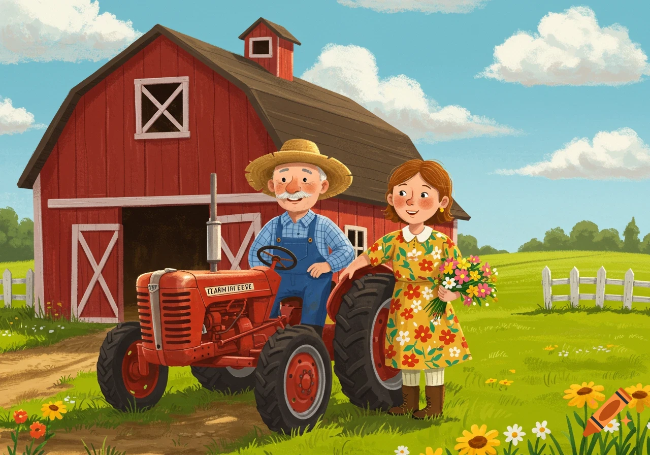 Illustration of a farmer and his wife standing by a red tractor in front of a red barn.