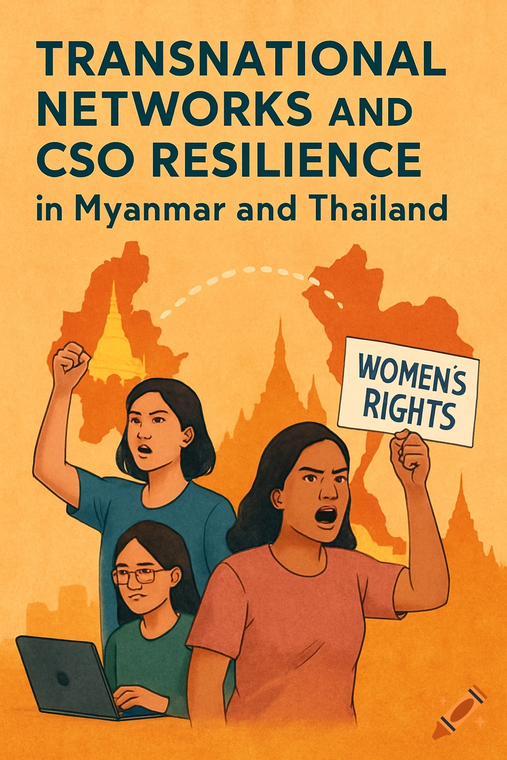 Illustration of protesting women with a 'WOMEN's RIGHTS' sign and text about transnational networks and CSO resilience.