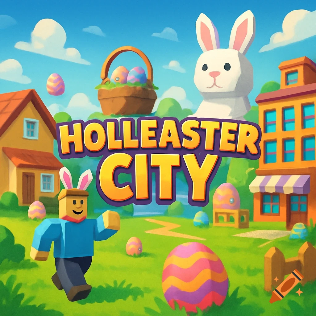 Stylized Easter landscape with a blocky character, giant bunny, eggs, basket, buildings, and "HOLLEASTER CITY" text.