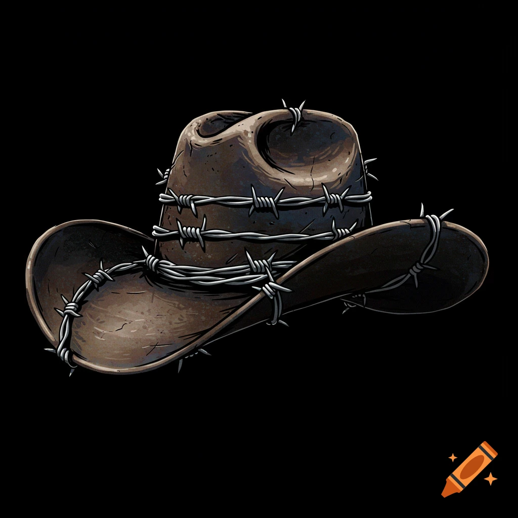 Illustration of a weathered brown cowboy hat wrapped in sharp barbed wire on a black background.