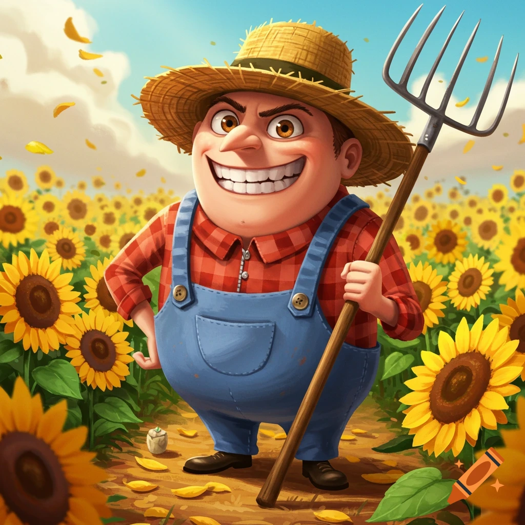 Cartoon farmer with a large smile holding a pitchfork in a field of sunflowers.