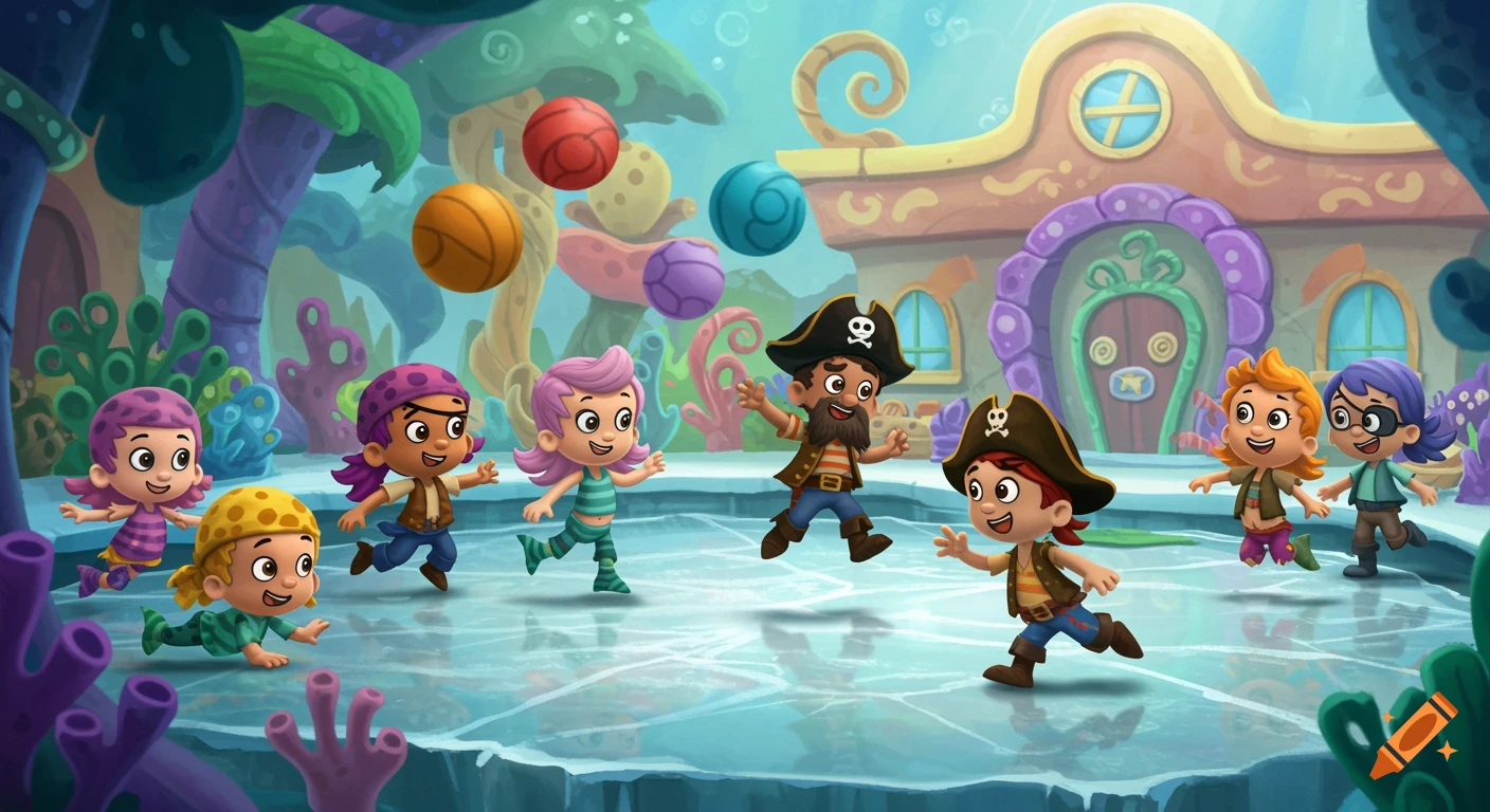 Cartoon characters dressed as pirates play dodgeball on ice underwater.