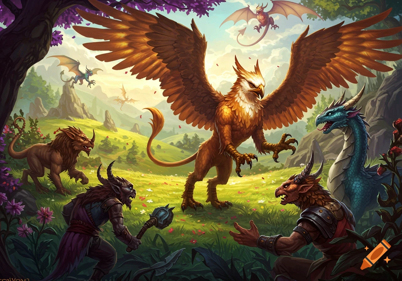 A griffin confronts other mythical creatures including dragons and beastmen in a colorful fantasy landscape.