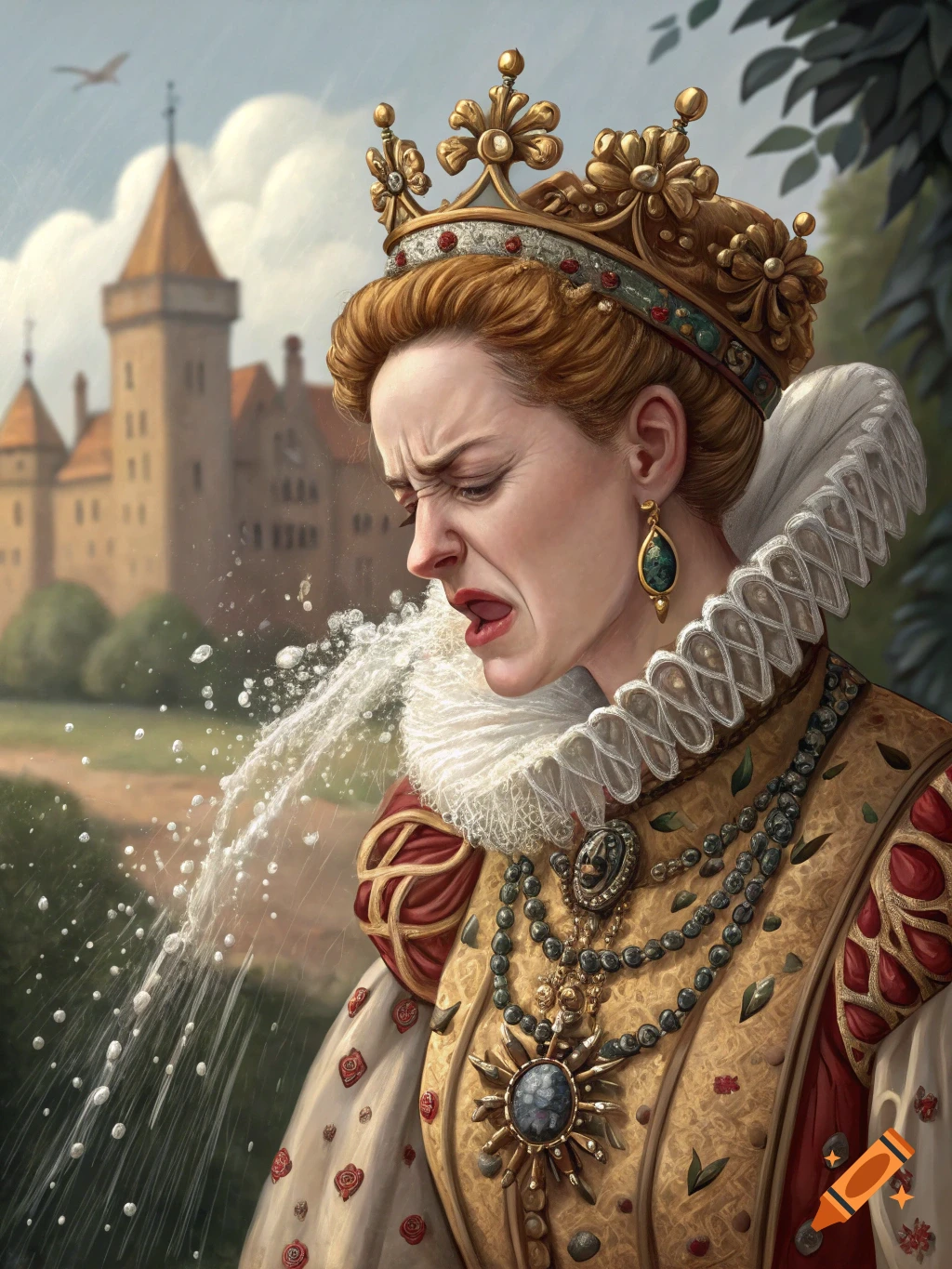 A renaissance-era queen with a ruff collar and crown spits water in disgust in front of a castle, painted style.